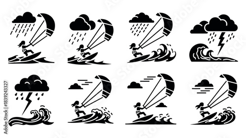 Monochrome kite surfing adventure in dynamic weather scenes