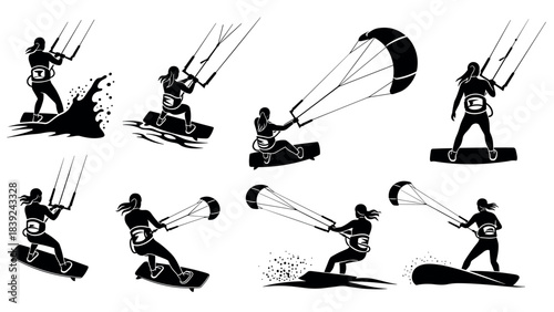 Exciting kiteboarding action silhouettes on water