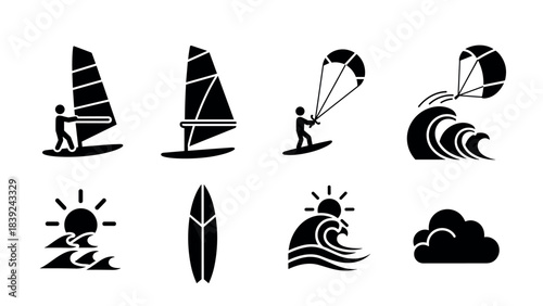 Silhouette icons: windsurfing, kitesurfing, waves, sun, and cloud motifs
