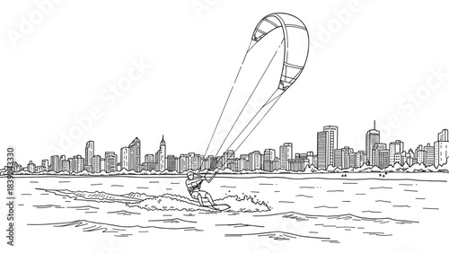 Kite surfer and urban skyline: lively line art scene of adventure and cityscape