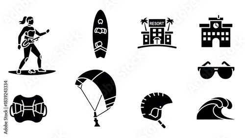 Beach activities icons: surf, kiteboarding, resort relaxation in bold silhouette style