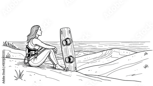 Woman with wakeboard relaxing on beach - detailed coastal scene in black and white line art