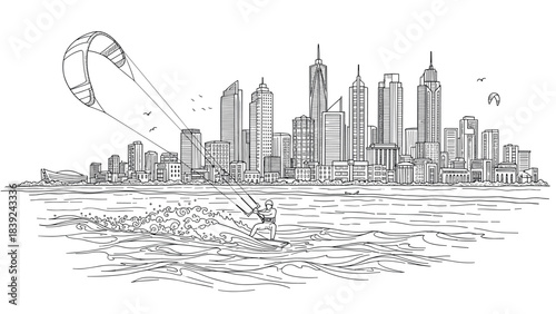 Kitesurfer riding waves with city skyline in linear art style