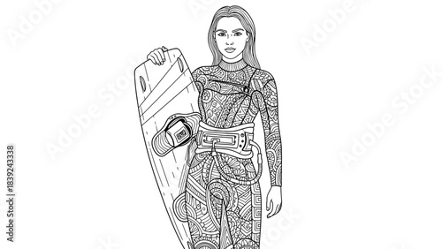 Detailed line art of woman holding wakeboard with intricate patterns