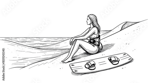 Serene beach scene with woman and surfboard in monochrome sketch style
