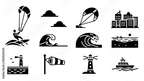 Adventure icons: kitesurfing, waves, and nautical symbols in bold silhouette design