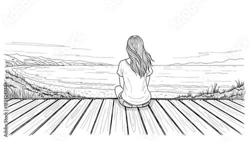 Serene beachfront contemplation in linear style