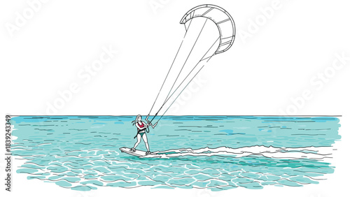 Dynamic line art of kite surfer gliding over ocean waves