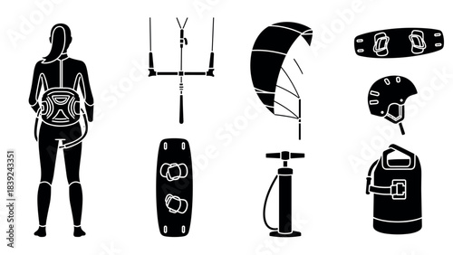 Essential kiteboarding gear set with rider and equipment icons in silhouette style