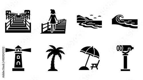 Minimalist beach and coastal elements in black silhouettes