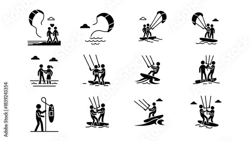 Kitesurfing adventures: silhouette depictions of active water sports enthusiasts