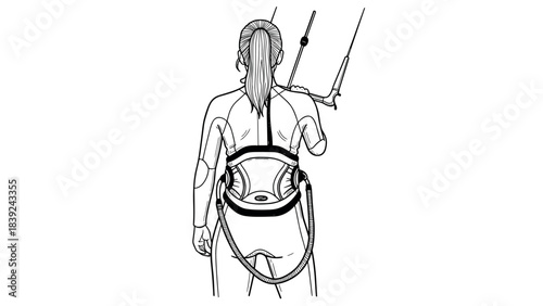 Woman kiteboarding from behind: black and white sports design
