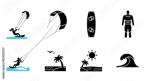 Kitesurfing adventure icons: ocean sport symbols and tropical elements