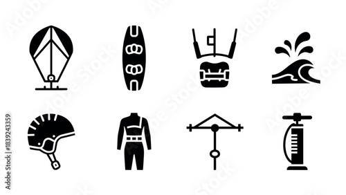 Icons of kitesurfing gear and equipment: perfect for adventure and sport design projects