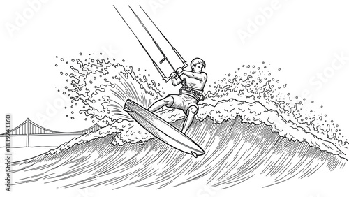 Exciting kiteboarding adventure on ocean waves with surfer in action