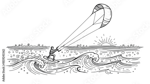 Thrilling kitesurfing adventure: dynamic monochrome ocean waves and sunset scene