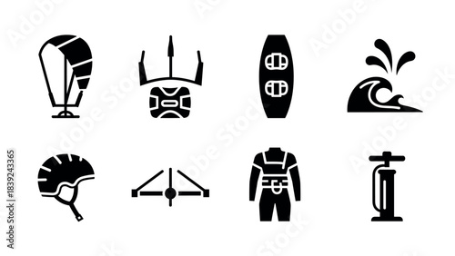 Kitesurfing equipment icons: gear, board, helmet, pump, wetsuit, wave