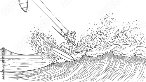 Kite surfer riding waves near bridge in dynamic black and white line art
