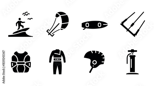 Silhouette icons of essential kite surfing equipment and activities for action sports enthusiasts