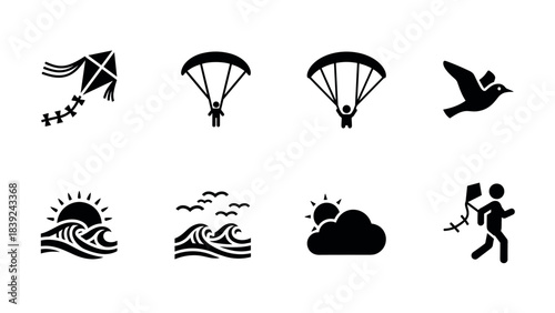 Adventure icon set: paragliding, kites, and nature elements in black silhouette style