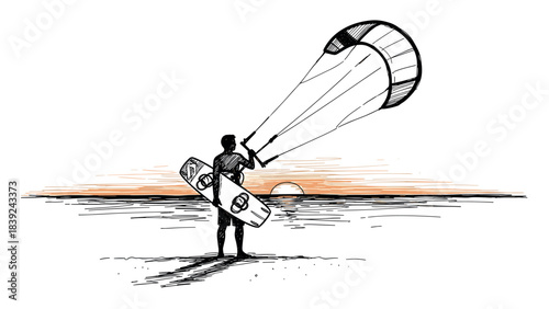 Kitesurfer at sunset on beach: hand-drawn silhouette of adventure and freedom