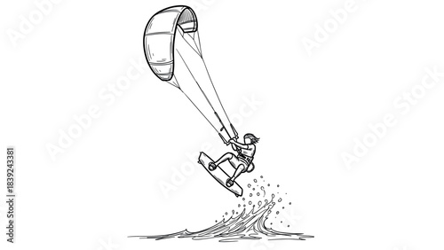 Dynamic kiteboarding adventure with detailed line art