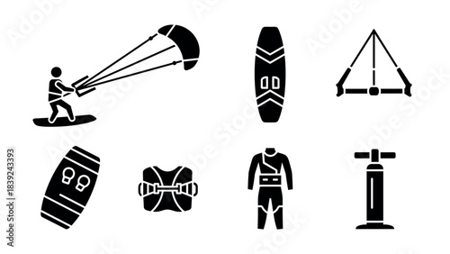 Kitesurfing essentials: gear and equipment icons for water sports enthusiasts