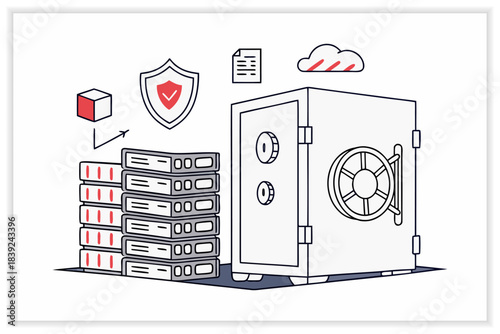 Modern Data Center Illustration Secure Cloud Server, Network Rack and Digital Infrastructure