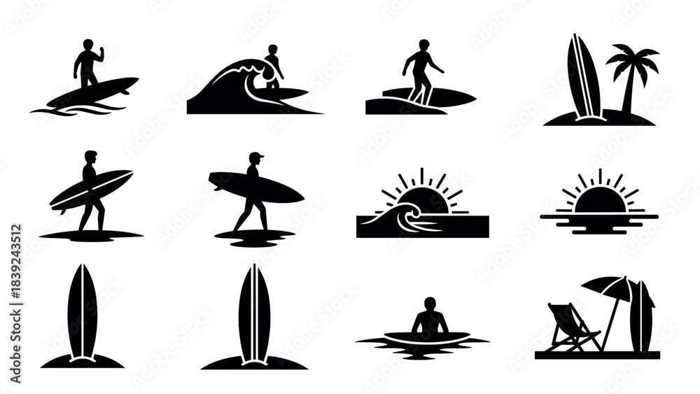 Obraz premium Surfing adventure icons set with silhouette waves, boards, and beach elements
