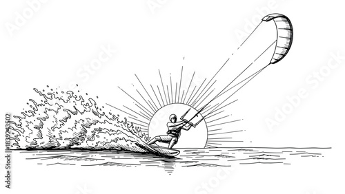 Dynamic kiteboarding scene with surfer and splash in black and white linear art