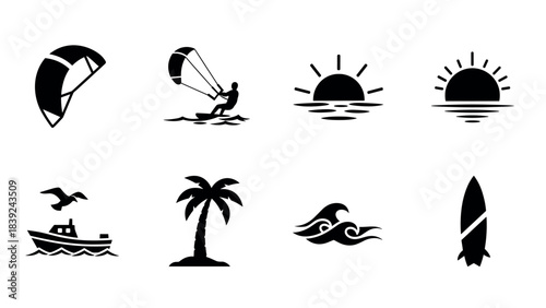 Summer silhouette icons: kitesurfing, sunset, palm tree and ocean waves