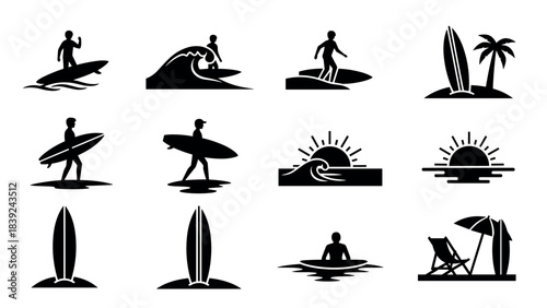 Surfing adventure icons set with silhouette waves, boards, and beach elements