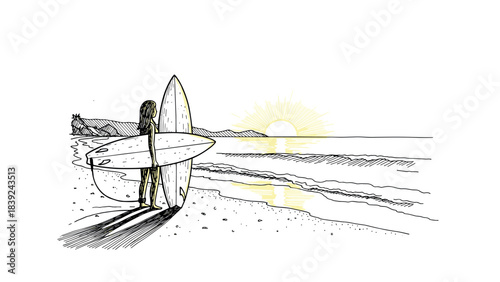 Surfer silhouette admiring sunrise on beach with surfboard in hand