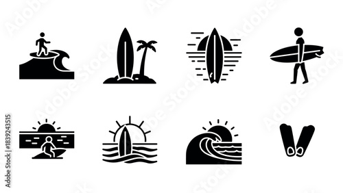 Surfing icon set featuring silhouettes of beach scenes and surfboards