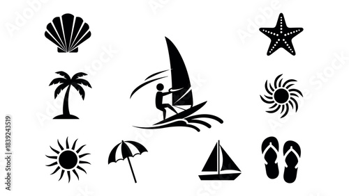 Silhouette beach icons: windsurfing, nautical, and tropical elements