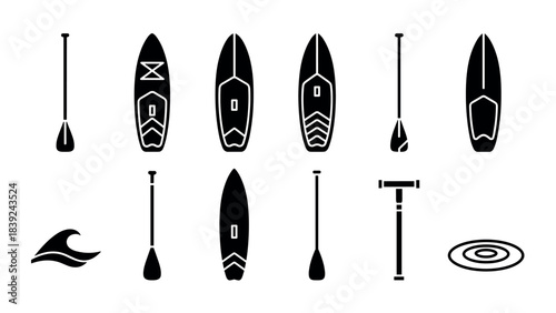 Set of minimalist paddleboards and accessories in black and white silhouette style