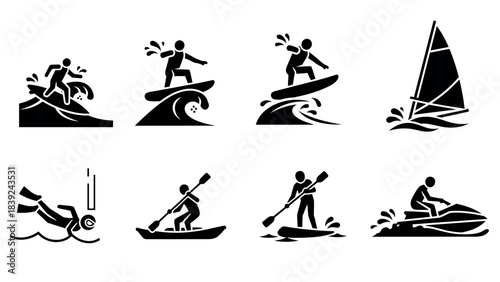 Silhouette collection of water sports icons: surfing, sailing, kayaking, scuba diving