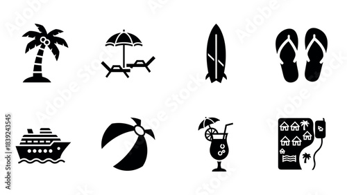Tropical vacation icons: palm tree, deck chairs, surfboard, flip flops, cruise ship, beach ball, cocktail, map