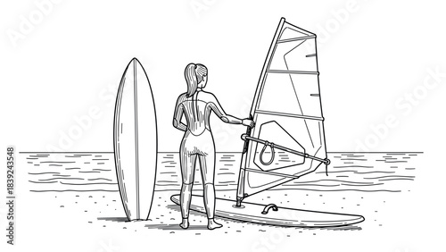 Woman preparing for windsurfing adventure in line art style on beach