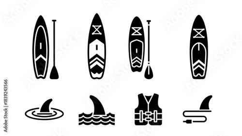 Collection of paddleboard equipment and shark fin icons in black and white