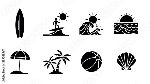 Summer beach icon set: surfing, waves, palm trees, and shells silhouettes