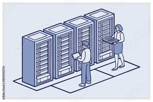 Modern Data Center Illustration Secure Cloud Server, Network Rack and Digital Infrastructure