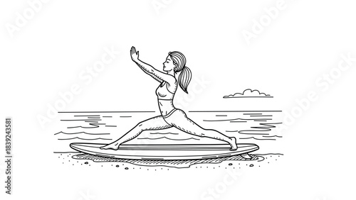 Surfer practicing yoga pose on beach with ocean view in line art style