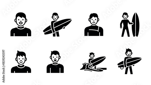 Surfer silhouette icons: surfboard adventure in minimalist black and white style