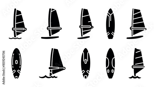 Set of black windsurfing silhouettes on white background