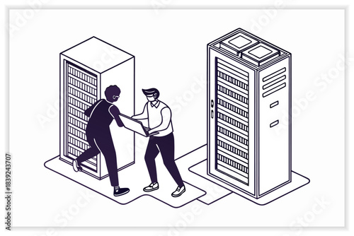 Modern Data Center Illustration Secure Cloud Server, Network Rack and Digital Infrastructure