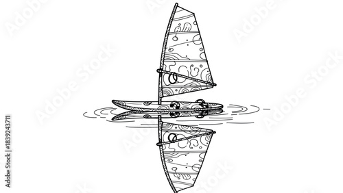 Intricate patterned sailboat with reflection on calm water