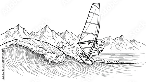 Line art windsurfer riding a wave with mountain background