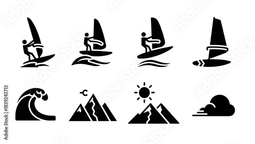 Minimalist silhouette icons of windsurfing and nature elements