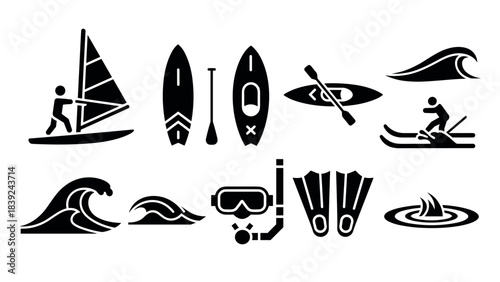 Water sports icons: sailing, surfing, kayaking, snorkeling, skiing in black silhouette style
